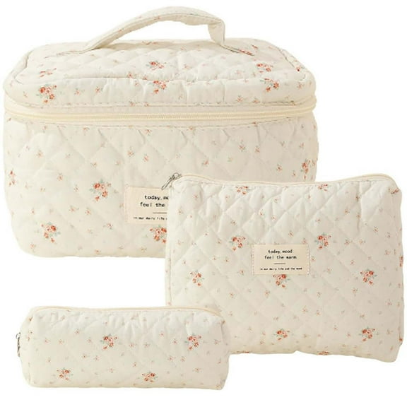 Cotton Quilted Makeup Bag, Travel Cosmetic Organizer, 3 Pcs Floral Cotton Makeup Bag Set for Women, Soft Durable Toiletry Pouch with Multiple Sizes for Travel and Daily Use