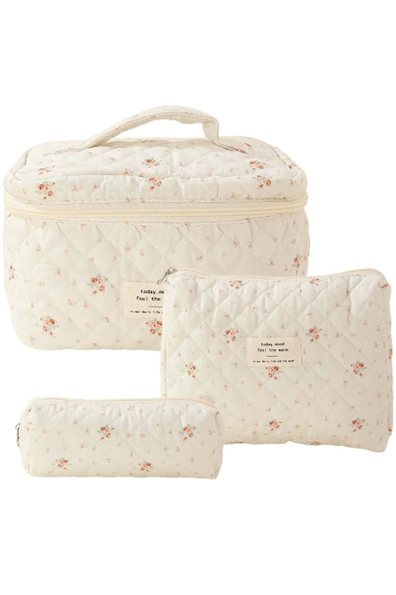 Cotton Quilted Makeup Bag, Travel Cosmetic Organizer, 3 Pcs Floral Cotton Makeup Bag Set for Women, Soft Durable Toiletry Pouch with Multiple Sizes for Travel and Daily Use