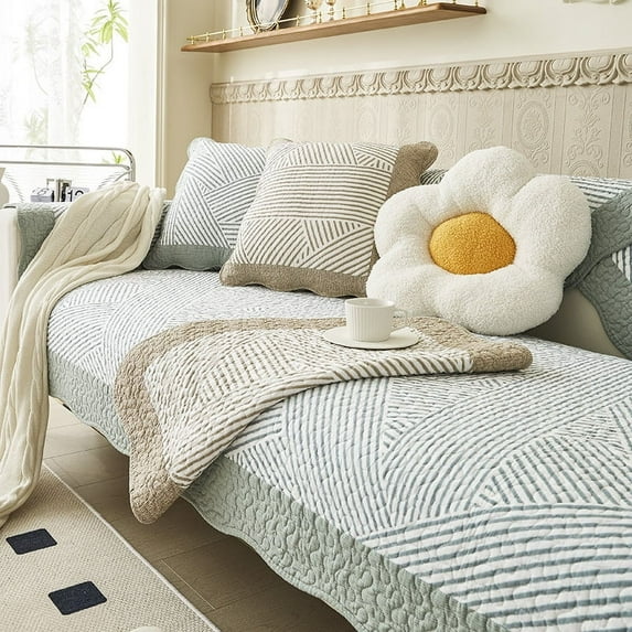 Cotton Quilted Sofa Cover Farmhouse Green Plaid Sectional Couch Covers Non Slip Sofa Slipcover Furniture Protector for Dogs Pet Kids, 1 Piece/Not All Set