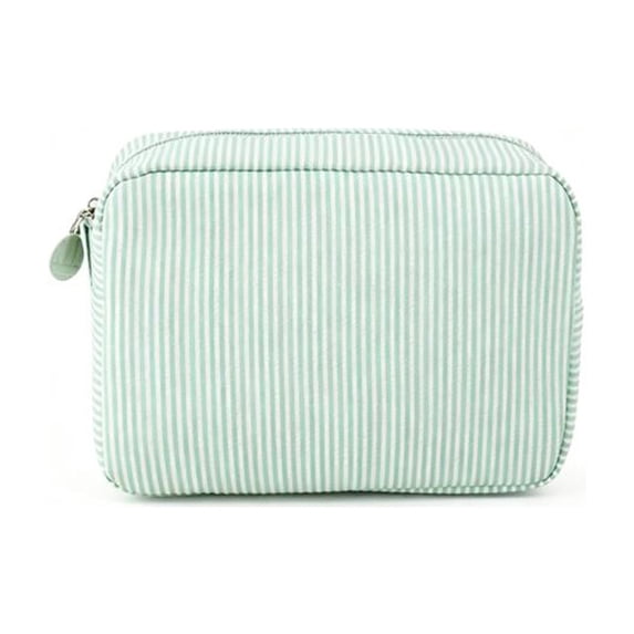 Cotton Quilted Striped Cosmetic Makeup Bag - Large Capacity Travel Toiletry Organizer with Padded Storage, Portable Puffy Pouch for Women Daily Use and Short Trips