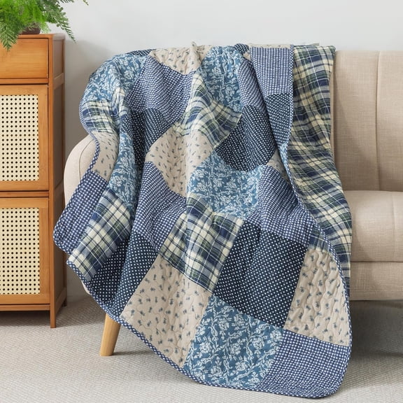 Cotton Quilted Throw Blanket 50" x 60" Blue Patchwork