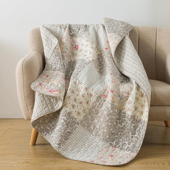 Cotton Quilted Throw Blanket, 50" x 60" Floral Farmhouse Patchwork Quilt, Shabby Chic Patchwork Throw Lap Quilt for Couch, Walk in The Cotswolds