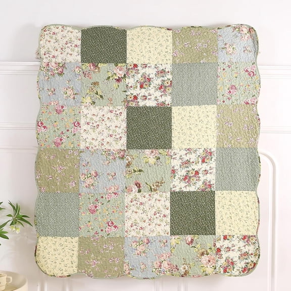 Cotton Quilted Throw Blanket 50x60 Inch Floral Patchwork Reversible All Season Throw (Green B, 50"x60")