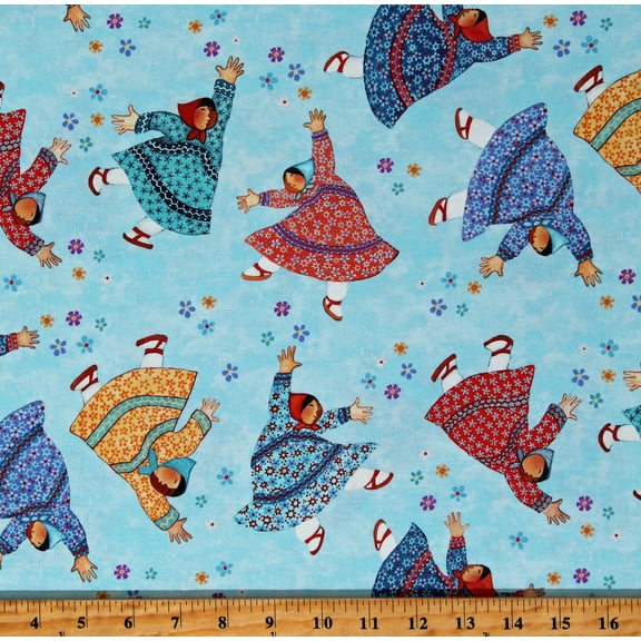 Cotton Quilts and Kuspuks Tossing Flowers Alaskan Clothing Eskimos Blue Cotton Fabric Print by the Yard (25205-62)