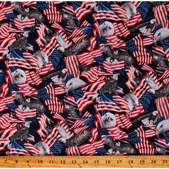 Cotton R.W.B. Too Eagles American Flags USA Patriotic Fourth of July Independence Day Red Blue Cotton Fabric Print by the Yard (A596751)