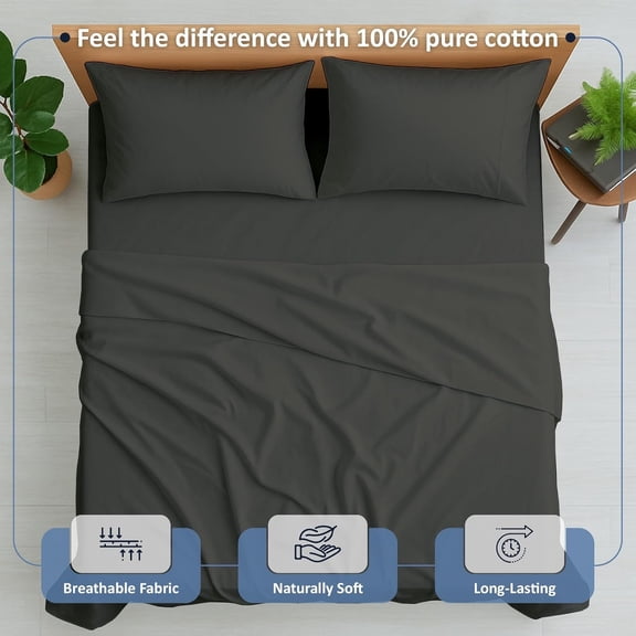 Cotton RV King Sheet Set, 4 Piece Dark Grey Luxury Hotel Quality Sheets, Deep Pocket Fits 8-16 Inch Mattress