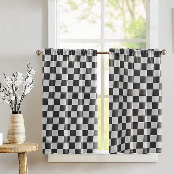 Cotton Racecar Checkerboard Print Café Tier Curtains Window Treatment Kitchen Home Décor