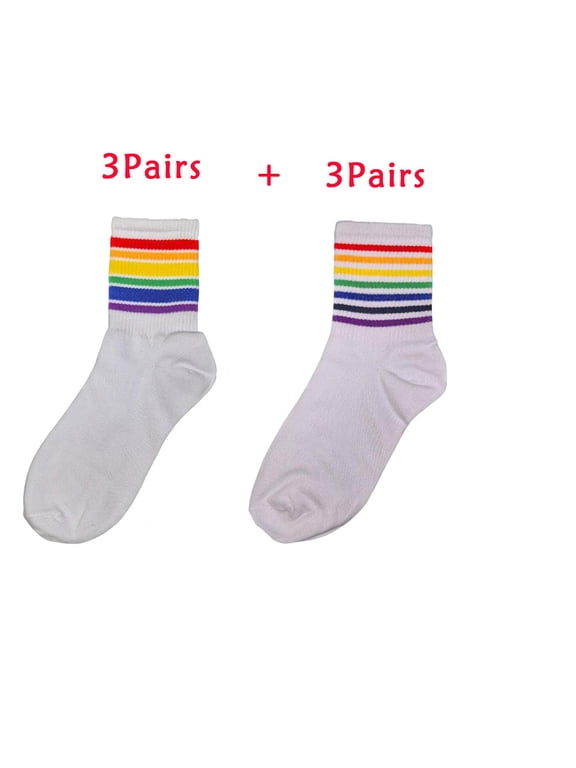 Cotton Rainbow Socks Mid-top Athletic Running Soft Thin No Show White Socks for Men and Women 6 Pairs