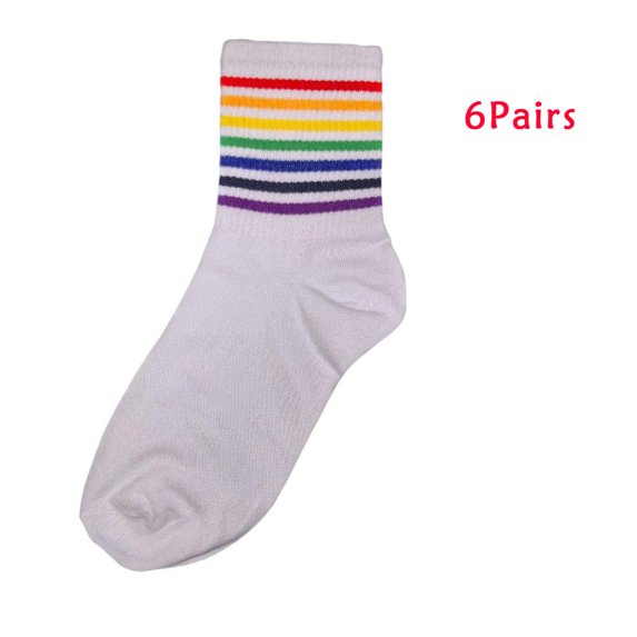 Cotton Rainbow Socks Mid-top Athletic Running Soft Thin No Show White Socks for Men and Women 6 Pairs