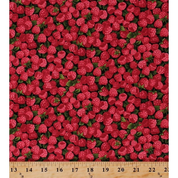 Cotton Raspberry Raspberries Berry Berries Farm Fresh Fruits Foods Gardening Gardeners Cooking Red Farmer J Garden Party Cotton Fabric Print by the Yard (120-13331)