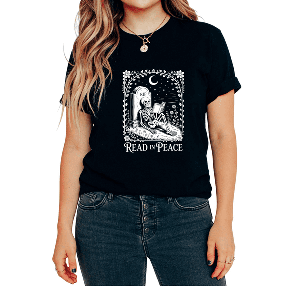 Cotton Read In Peace Skeleton Reading Book Cemetery Graphic Regular Fit Tees T-shirt Short Sleeve Black S-5XL