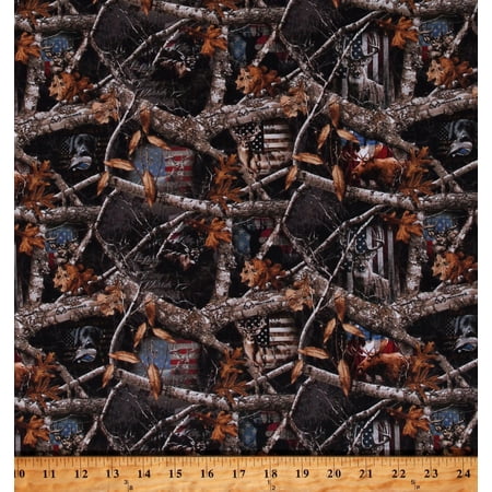 Cotton Realtree Camo Camouflage Patriotic Flags Dogs Deer Moose Animals Multicolor Cotton Fabric Print by the Yard