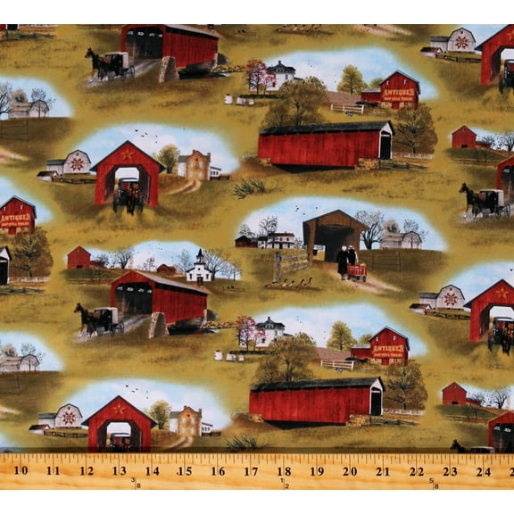 Cotton Red Barns Bridges Farms Headin' Home Horses Country Rural Cotton Fabric Print by the Yard (4703GREEN)