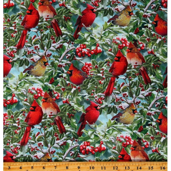 Cotton Red Carinals & Hollies Holly and Ivy Christmas Birds Snow Branches Leaves Multicolor Cotton Fabric Print by the Yard (WW-3035-4C-1-MULTI) D506.95