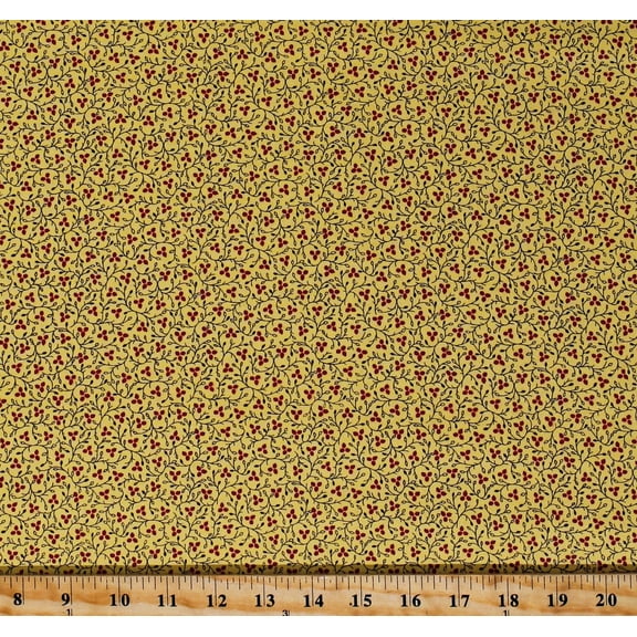 Cotton Red Flowers Manzanita Grove Floral Vine Yellow Cotton Fabric Print by the Yard (120-99151)