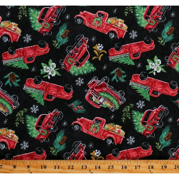 Cotton Red Trucks Christmas Presents Gifts Holidays Mistletoe Magic Black Cotton Fabric Print by the Yard (2220-99)