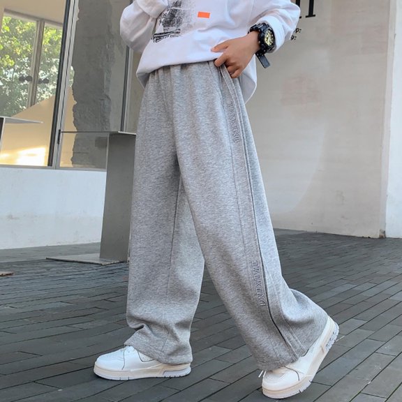 Cotton Relaxed Fit Boys Sweatpants - Gray Elastic Waist Wide Leg Kids Bottoms, Comfortable Stretchy Pants for Playdates School, 5-15 Years,Size 7-8 T