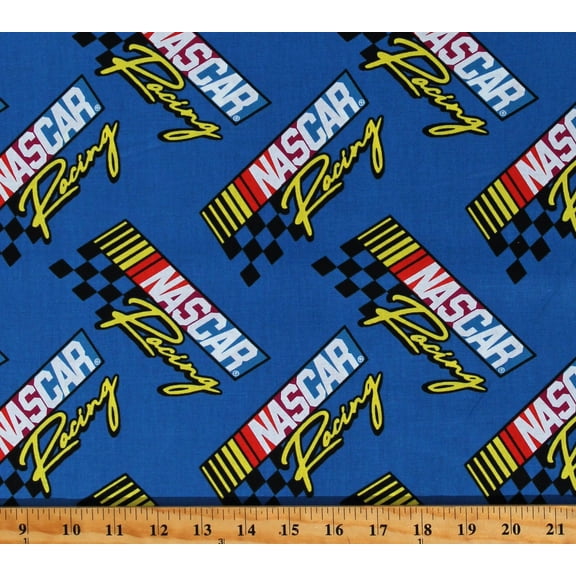 Cotton Retro Nascar Racing Logos Auto Racing Sports Blue Cotton Fabric Print by the Yard (39190102WM-03)
