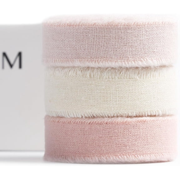 Cotton Ribbon 5/8" X 21 Yd Ivory/Blush/Dusty Pink Handmade Frayed Fabric Ribbon for Gift Wrapping, Wedding Invites, Bridal Bouquets, Baby Showers, Holiday Decor & DIY Crafts.