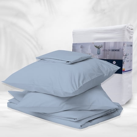Color Sense 4-Piece 800 Thread Count Wrinkle-Resistant Quick Dry Soft & Smooth Cotton Blend Sateen Bed Sheet Set, Full, Blue