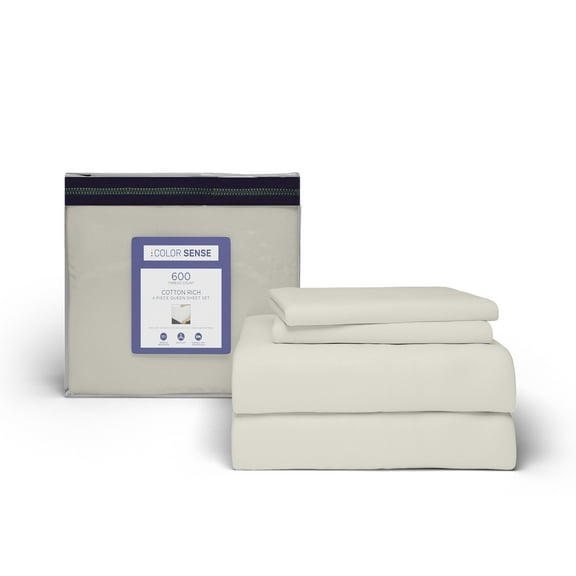 Color Sense Cotton Rich King Sateen Bed Sheet Set, Wrinkle Resistant, Quick Dry, Soft & Smooth 4-Piece Set Ivory