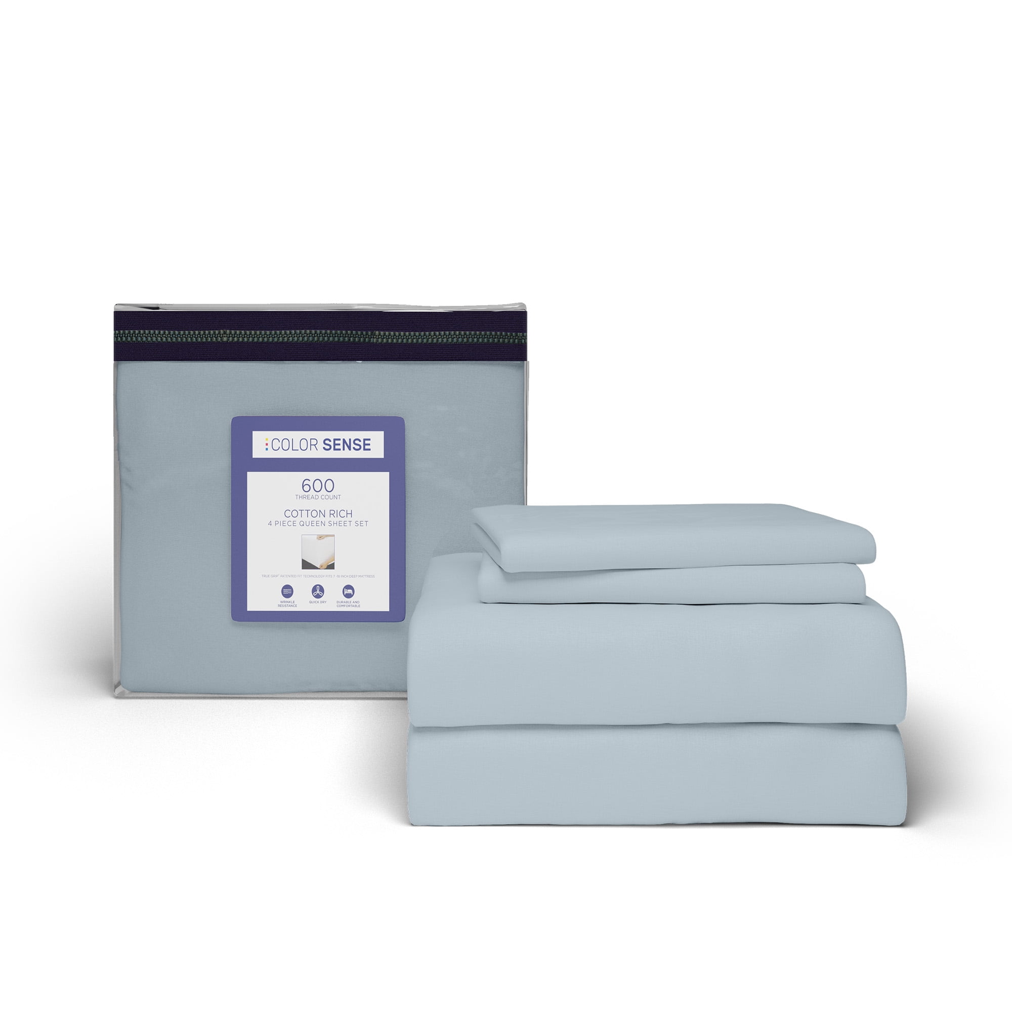 Cotton Rich King Sateen Sheet Set 600 Thread Count Wrinkle Resistant Quick Dry Soft Smooth 4 Piece Set Light Blue by Color Sense