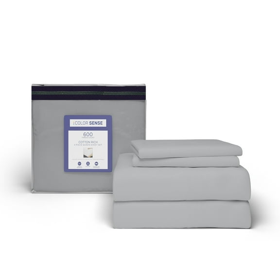 Color Sense Cotton Rich King Sateen Bed Sheet Set, Wrinkle Resistant, Quick Dry, Soft & Smooth 4-Piece Set Light Gray