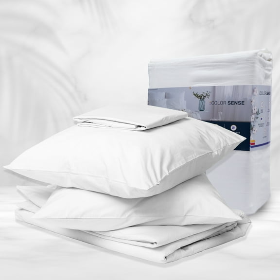 Color Sense 4-Piece 800 Thread Count Wrinkle-Resistant Quick Dry Soft & Smooth Cotton Blend Sateen Bed Sheet Set, King, White
