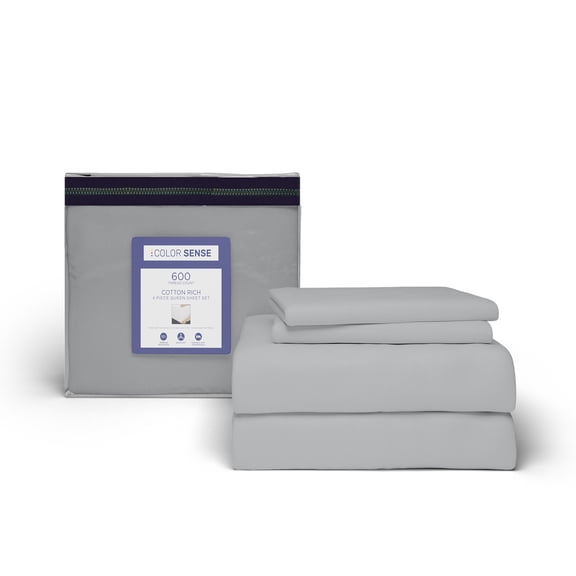 Color Sense Cotton Rich Queen Sateen Bed Sheet Set, Wrinkle Resistant, Quick Dry, Soft & Smooth 4-Piece Set Light Gray