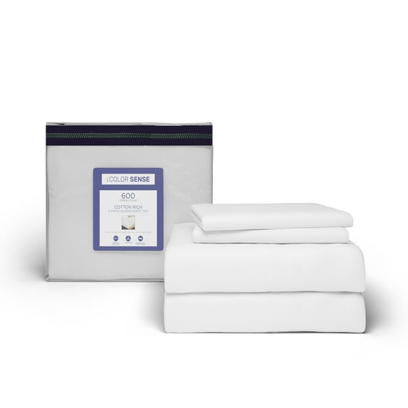 Color Sense Cotton Rich Queen Sateen Bed Sheet Set, Wrinkle Resistant, Quick Dry, Soft & Smooth 4-Piece Set White