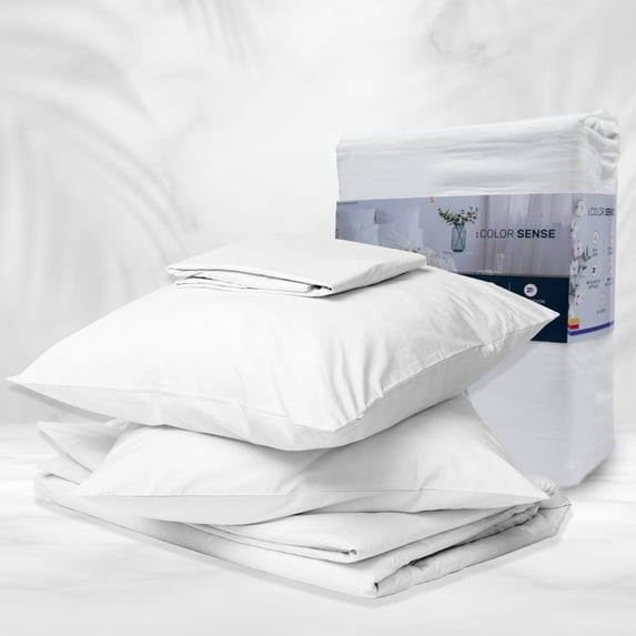 Color Sense 4-Piece 800 Thread Count Wrinkle-Resistant Quick Dry Soft & Smooth Cotton Blend Sateen Bed Sheet Set, Queen, White