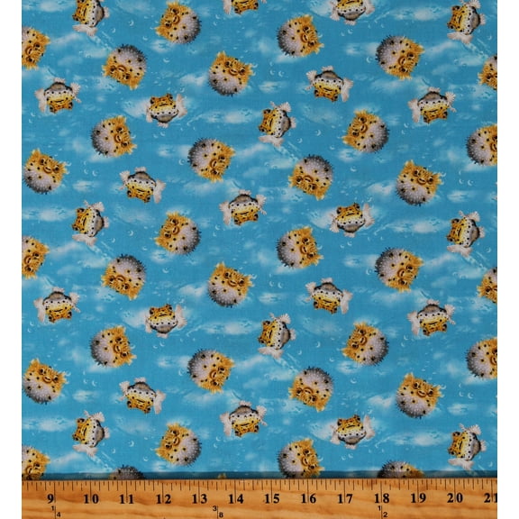 Cotton River Romps Puffer Fish Animals Aquatic Ocean Sea Water Blue Cotton Fabric Print by the Yard (7135-11)