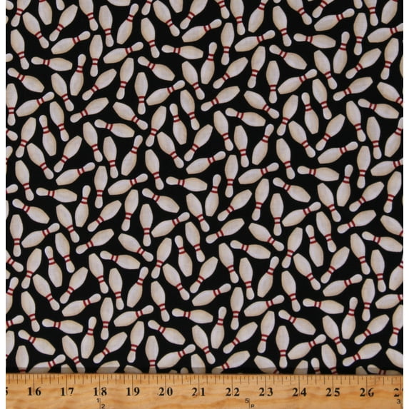 Cotton Rock 'N Bowl Bowling Pins Equipment Sports Activity Activities Black Cotton Fabric Print by the Yard (2189-99)