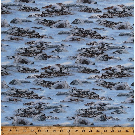 Cotton Rocks Rocky Shore Water Stones Landscape Roaming Wild Blue Cotton Fabric Print by the Yard (1662-30172-494)