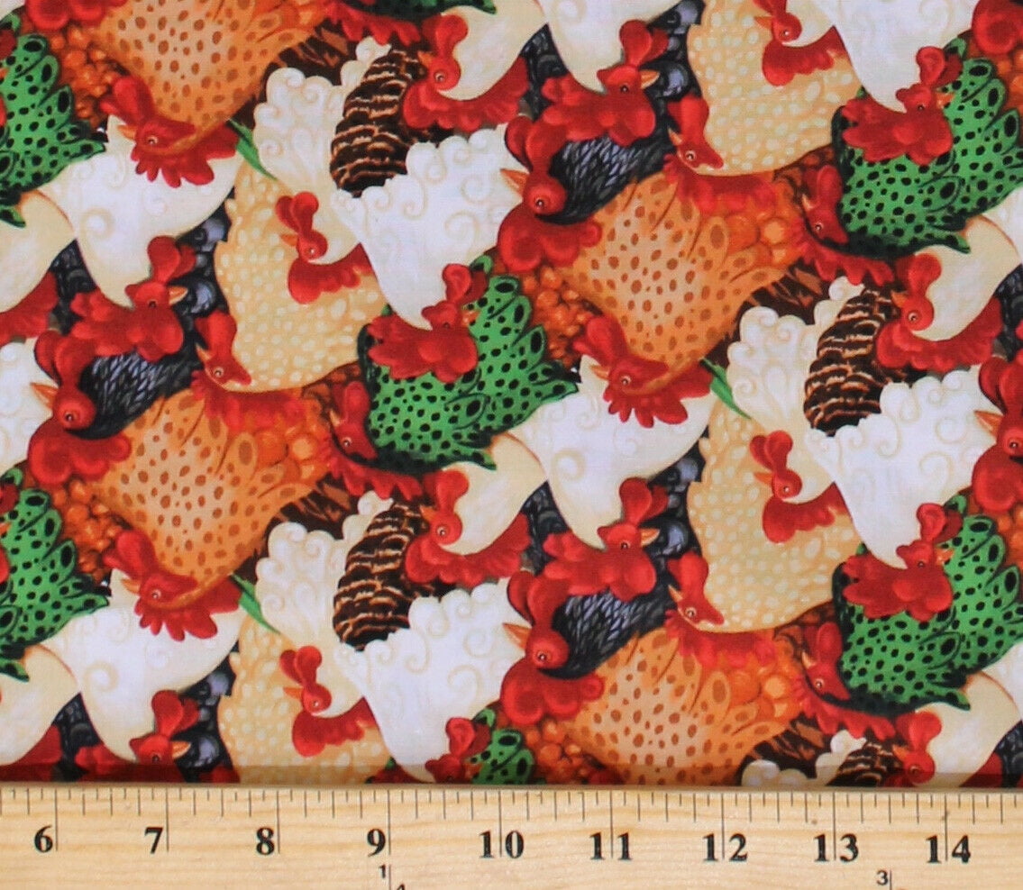 Cotton Roosters Chickens Cluck Farm Raised Farms Animals Cotton Fabric Print by the Yard (1975-83)