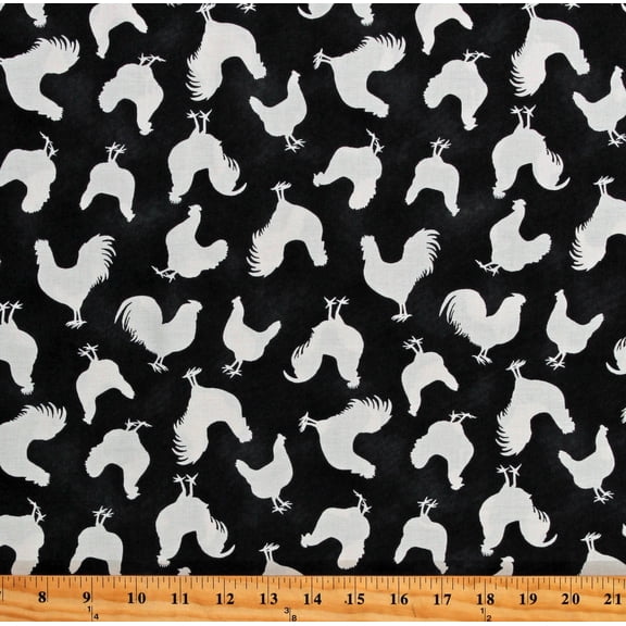 Cotton Roosters Chickens Hens Farm Animals Birds Poultry Les Poulets Encore Black Cotton Fabric Print by the Yard (31292A-1)