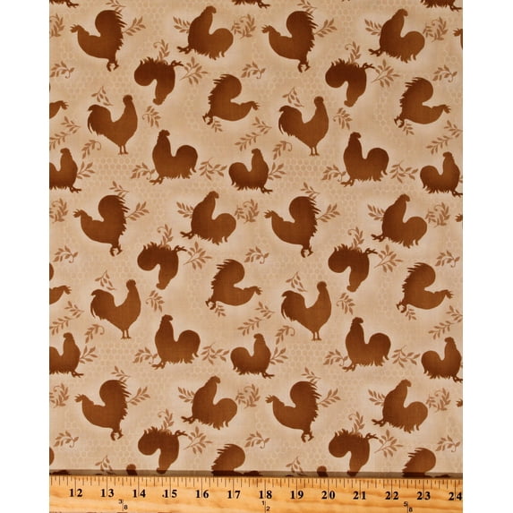 Cotton Roosters Rooster Inn Brown Chicken Wire Hobby Farm Farming Country Cotton Fabric Print by the Yard (112-31132)