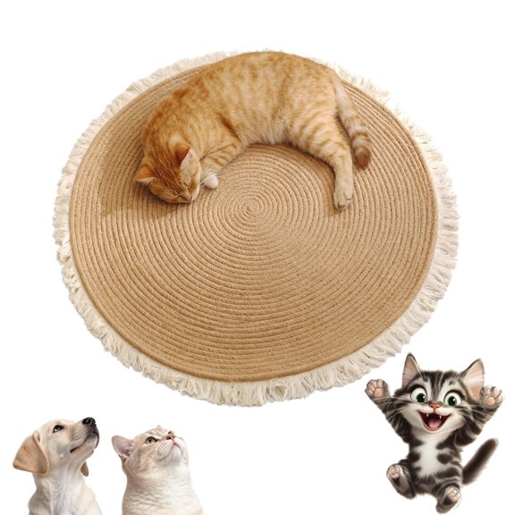Cotton Rope Area Rug for Cats, Washable Reversible Cat Scratching Mat, Soft Round Woven Tassel Pet Rug, Vintage Style Non-Slip Home Decor, Easy Clean Multiple Sizes by