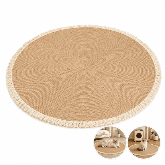 Cotton Rope Area Rug for Cats, Cat Scratch Rug, Washable Round Braided Circle Rug with Tassel Edge, Khaki