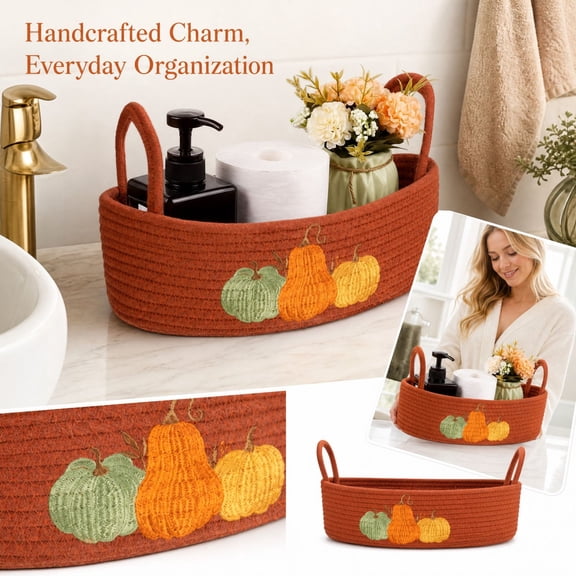Cotton Rope Basket with Embroidered Pumpkin Design and Dual Handles, Orange Woven Storage Basket for Bathroom Vanity Countertop, Fall Home Decoration