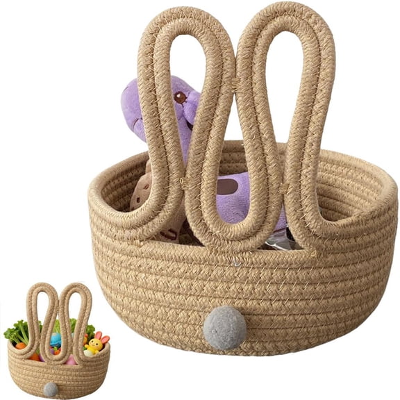 Cotton Rope Bunny Storage Basket, Decorative Rabbit Organiser with Ears for Nursery and Bedroom, Small Woven Snack Holder for Easter Party, Soft Toy Bin for Kids Room, 20cm Round