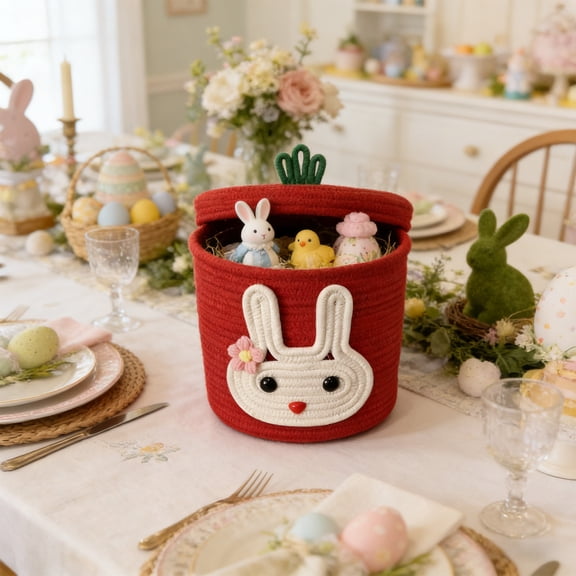 Cotton Rope Bunny Storage Basket With Lid Handmade Woven Easter Organizer Bin Decorative Rabbit Basket For Candy Toys Household Storage Bedroom Living Room Easter Holiday Decor Box