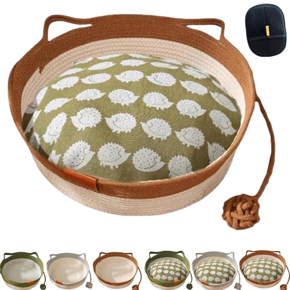 Cotton Rope Cat Bed Basket, Woven Round Pet Bed with Scratching Pad & Ball Toy, Foldable Cat Nest for Cats & Small Dogs