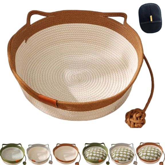 Cotton Rope Cat Bed Basket, Woven Round Pet Bed with Scratching Pad & Ball Toy, Foldable Cat Nest for Cats & Small Dogs