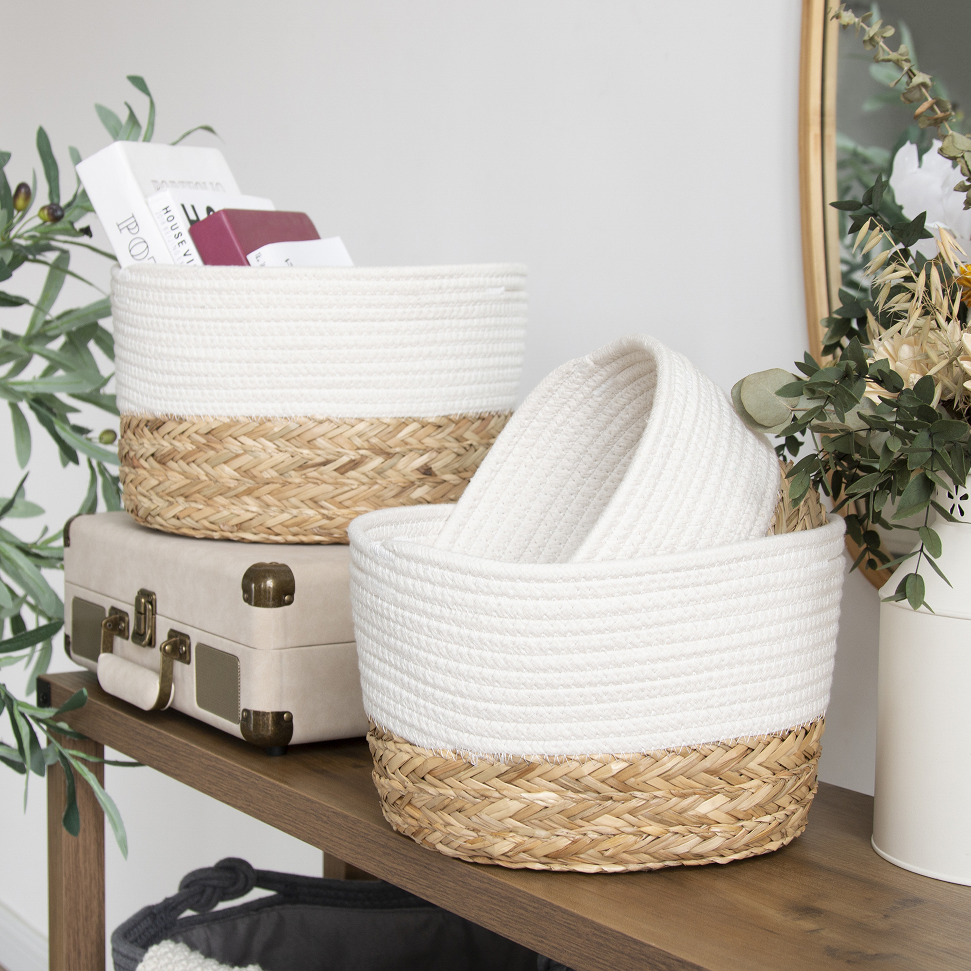 Cotton Rope & Cattail Grass Laundry Baskets Set, 4PCS Woven Laundry Clothes Hampers, White