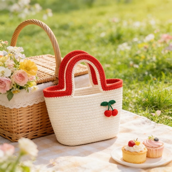Cotton Rope Cherry Tote Bag, 12 Inch Woven Beach Storage, Large Capacity Daily Commuting, Vintage Style Three Colors, Lightweight Durable Gift for Family Friend Coffee Beige