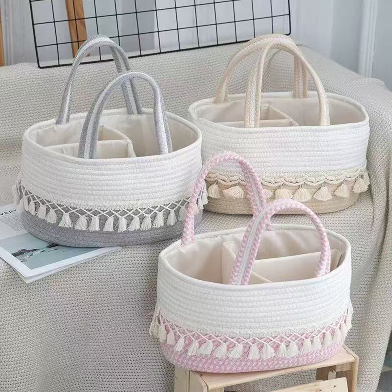 Cotton Rope Diaper Storage Basket With Dividers – Tassel Handheld Toy Organizer, Portable Woven Bin, Khaki/Gray/Pink, 14.17 x 8.66 x 7.09 in