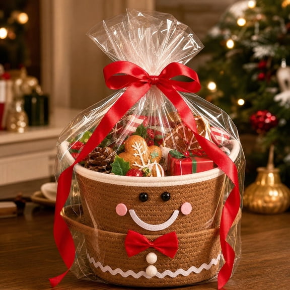 Cotton Rope Gift Basket With Handles Woven Storage Bin With Bow Clear Gift Bag Ribbon,Cotton‑Rope‑Woven Gift Basket With Handles Bow Gift‑Bag‑Ribbon Set,for Christmas Gift Home Tabletop Decor Storage