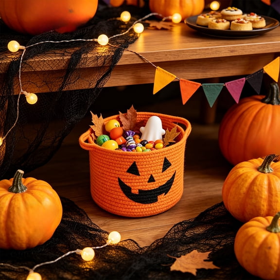Cotton Rope Halloween Storage Basket With Pumpkin Face Woven Candy Organizer Bin With Handles Holiday Decor Basket For Treats Party 9.84 Inch