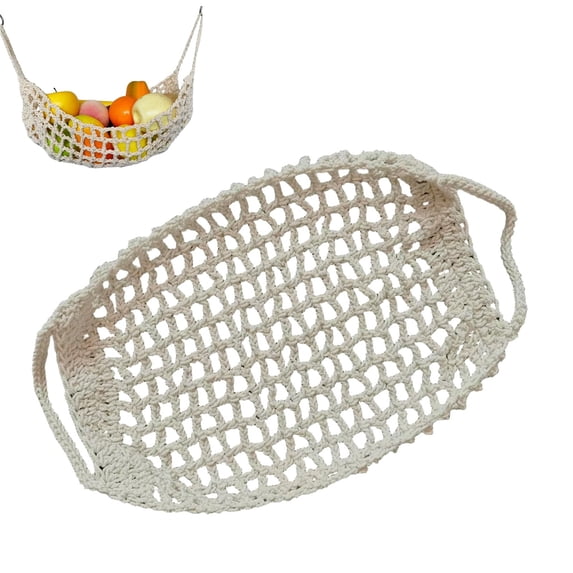 Cotton Rope Hanging Fruit Basket w/ Hooks - Breathable Banana Holder for Kitchen, RV or Boat. Rustic Farmhouse Decor!